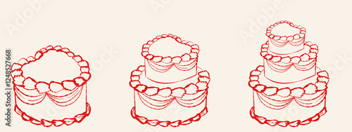 Holiday cakes with creamy ruffles, meringues and decoration. Wedding heart shaped cakes. Elegant three-tier cakes. Vector hand drawn doodle Clipart for birthday, wedding valentines designs