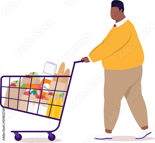 Side View Of One Plus Size Black Man Walking While Pushing A Shopping Cart Loaded With Groceries.