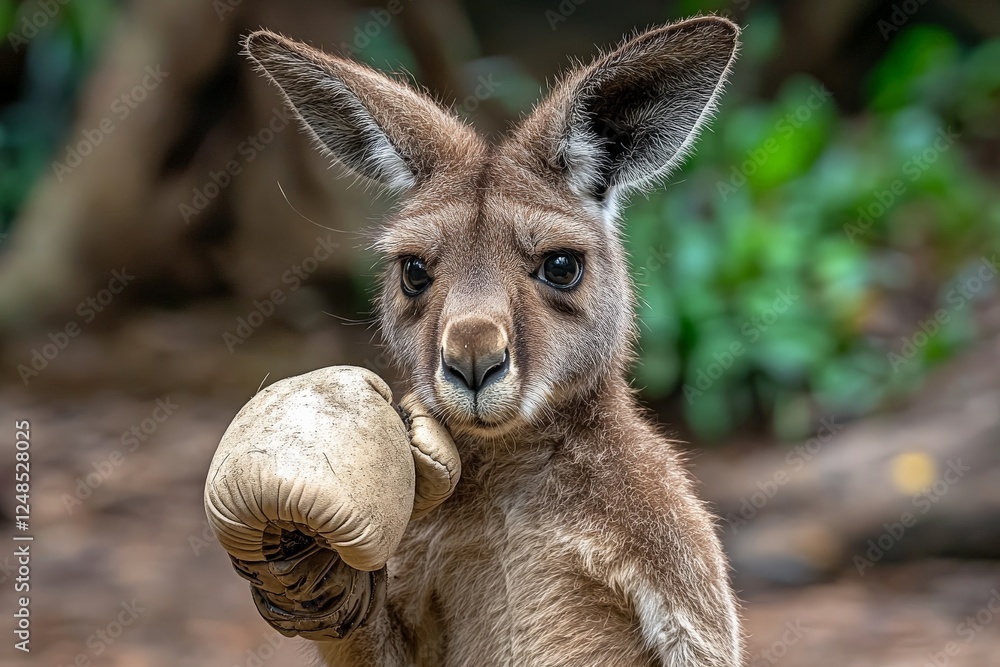 Young kangaroo holding a mushroom in a vibrant forest setting during daylight hours Young kangaroo holding a mushroom in a vibrant forest setting during daylight hours