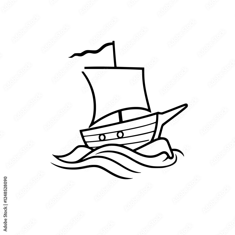 Stylized Monochrome Boat Illustration: Minimalist image of a sailboat on the sea. Stylized Monochrome Boat Illustration: Minimalist image of a sailboat on the sea.