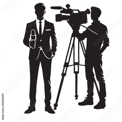 Silhouette Cameraman with Video Camera and Reporter Illustration Vector