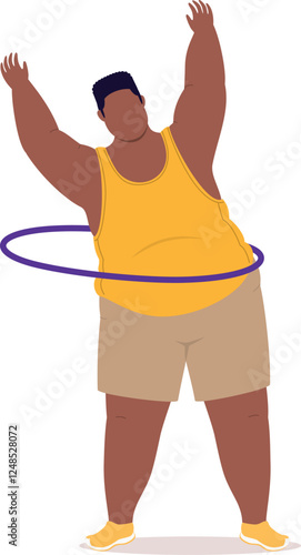 Front View Of One Overweight Black Man In Sports Clothing Standing And Swinging His Hips With A Hula Hoop.