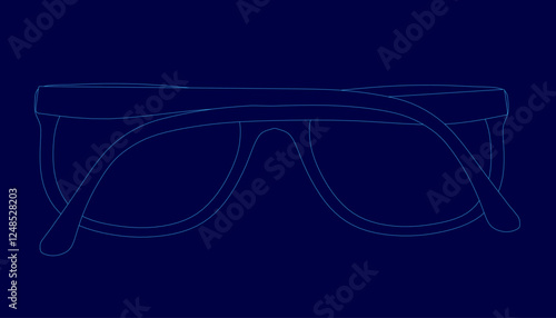 A pair of glasses is shown in a blue background. The glasses are blurry and the background is dark blue