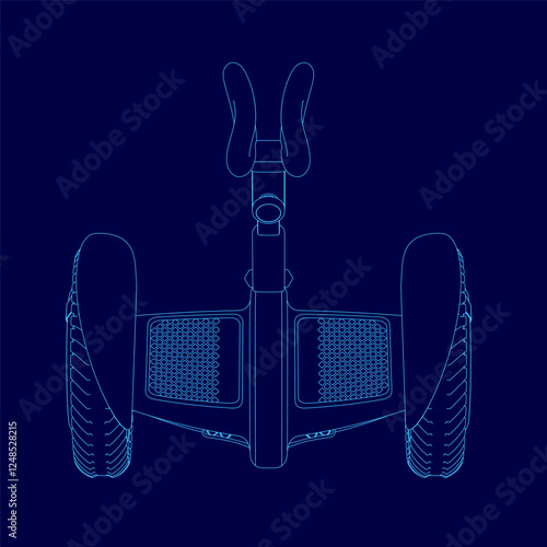 A blue drawing of a scooter. The drawing is of a close up of the scooter, showing the wheels and the handlebars. Scene is futuristic and sleek