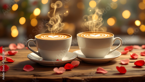 Two coffee cups heart made with foam cream in white tray, rose petals everywhere, bokeh lights background, valentine's day background, coffee date,  photo