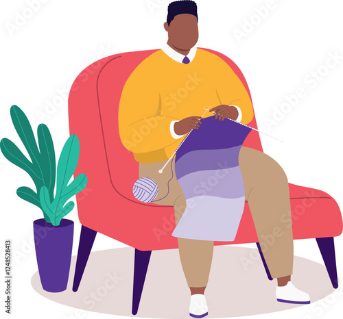 One Plus Size Black Man On Couch Knitting A Scarf With Needle.