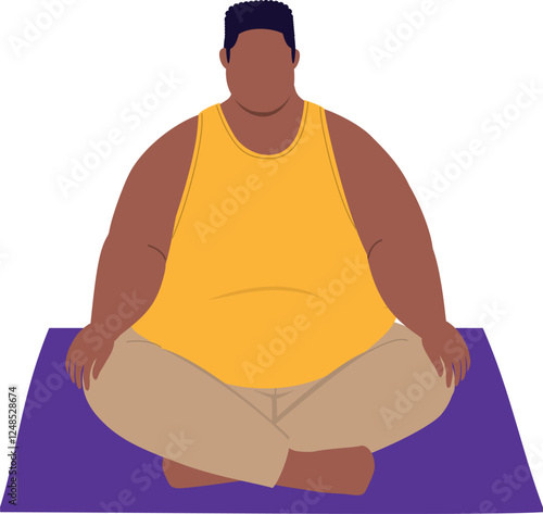 Front View Of One Overweight Black Man In Sports Clothing Meditating While Sitting On A Mat With His Legs Crossed.