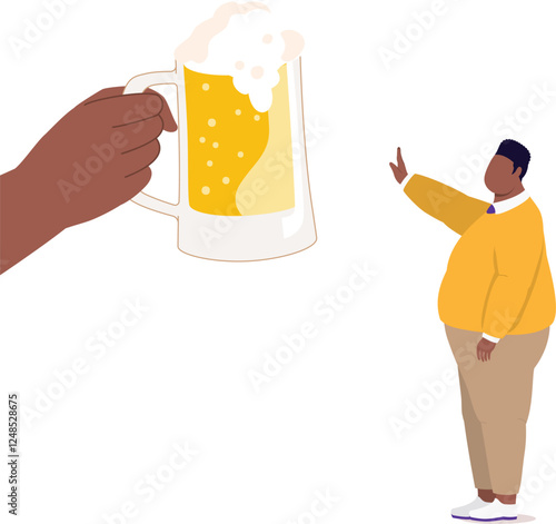 Side View Of An Overweight Black Man Standing In Stop Gesture Refusing A Glass Of Beer Offered By Someone.