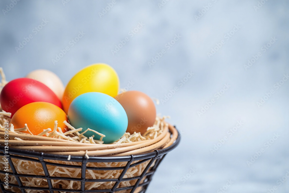 wicker basket with colored Easter eggs against blue gray background wicker basket with colored Easter eggs against blue gray background