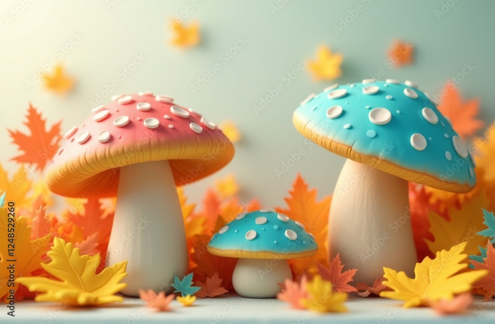 Obraz premium Whimsical fantasy mushrooms with colorful polka-dotted caps, surrounded by autumn leaves in shades of orange and yellow, set in a dreamy fairytale scene