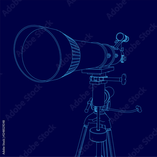 A blue drawing of a telescope with a lens. The telescope is set up on a tripod, with the lens pointing towards the sky