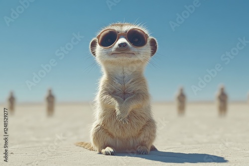 Meerkat wearing sunglasses stands in the desert under a clear sky while others look on in the background photo