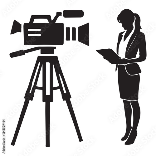 News Reporter Broadcast Recording with Television Camera Illustration Vector