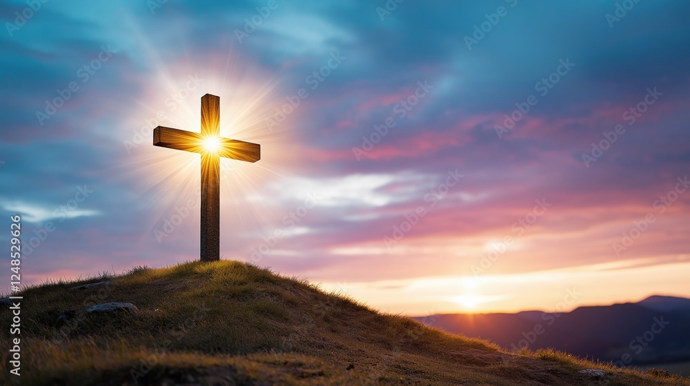 Wooden cross on hill with sunset sky and sun rays shining through, religious symbol of hope and faith, spiritual landscape Wooden cross on hill with sunset sky and sun rays shining through, religious symbol of hope and faith, spiritual landscape
