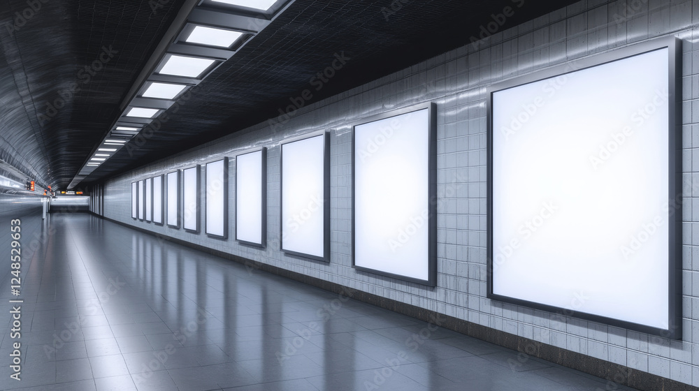 blank empty big ad posters in subway hall tunnel 3d render illustration blank empty big ad posters in subway hall tunnel 3d render illustration