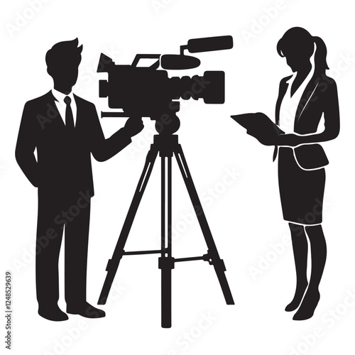 News Crew Silhouette with Reporter Camera Operator Vector Illustration