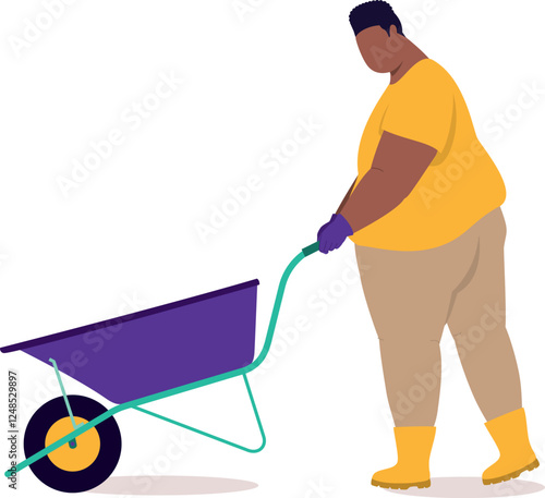 Side View Of A Plus Size Black Man With Rubber Boot And Glove Walking While Pushing An Empty Wheelbarrow.