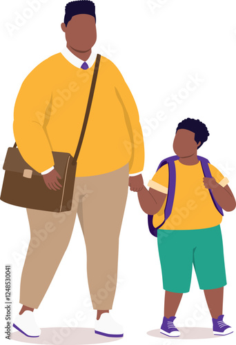 Working Plus Size Black Father Taking His Little Son Back To School While Holding Hands Together.