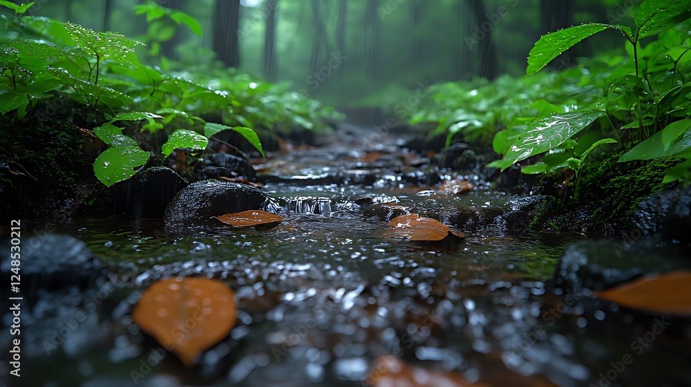 Forest stream, rain, leaves, path, nature, tranquil, background, website Forest stream, rain, leaves, path, nature, tranquil, background, website