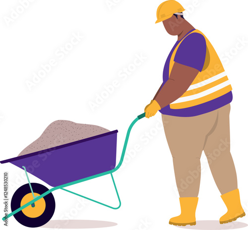 Side View Of A Plus Size Black Man Construction Worker With Safety Helmet, Reflective Vest, Rubber Boot And Glove Walking While Pushing A Wheelbarrow Loaded With Sands. 