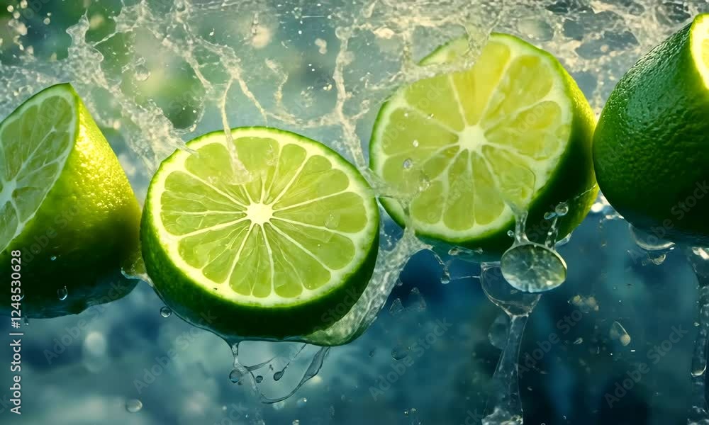 Fresh Lime Slices with Water Splash, Healthy Citrus Fruit in Liquid with Refreshing Splash Effect for Juicy Drink Concept Fresh Lime Slices with Water Splash, Healthy Citrus Fruit in Liquid with Refreshing Splash Effect for Juicy Drink Concept