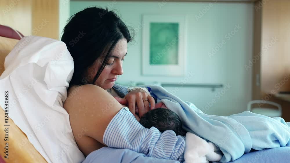 Intimate Post-Delivery Bonding - New Mother Feeds Newborn in Hospital, Highlighting First Moments of Maternal Care After Birth Intimate Post-Delivery Bonding - New Mother Feeds Newborn in Hospital, Highlighting First Moments of Maternal Care After Birth