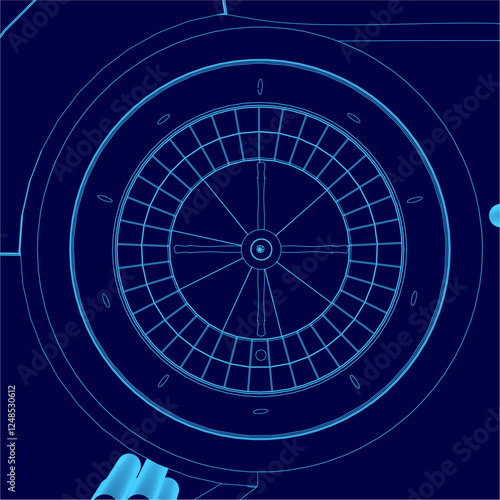 A blue image of a casino table with a roulette wheel. The table is surrounded by a blue background