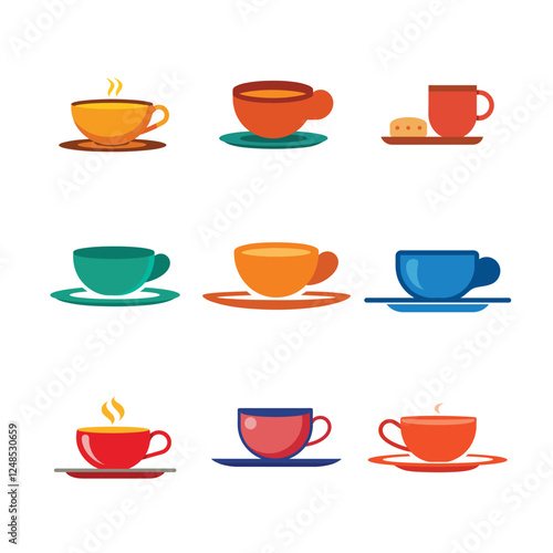  Glass cup of tea on a white background. Tea cup top view, tea cup flowers, milk tea cup, fancy tea cup, tea cup isolated. Vector illustration.