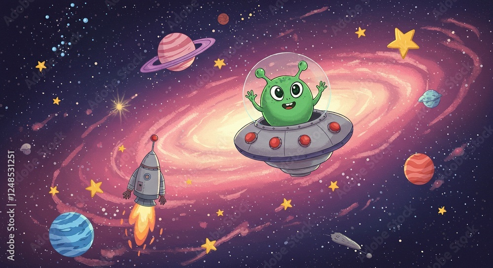 Friendly Alien in Space Cartoon Illustration of Green Alien in UFO, Cosmic Scene with Planets, Stars, and Nebula, Playful and Whimsical, Children's Illustration, Space Exploration Concept. Friendly Alien in Space Cartoon Illustration of Green Alien in UFO, Cosmic Scene with Planets, Stars, and Nebula, Playful and Whimsical, Children's Illustration, Space Exploration Concept.