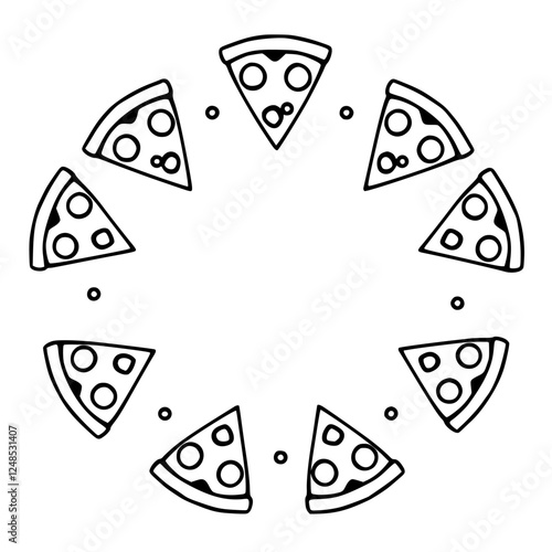 Pizza Slices Circle: A monochromatic illustration of pizza slices arranged in a circular pattern, with the center empty.