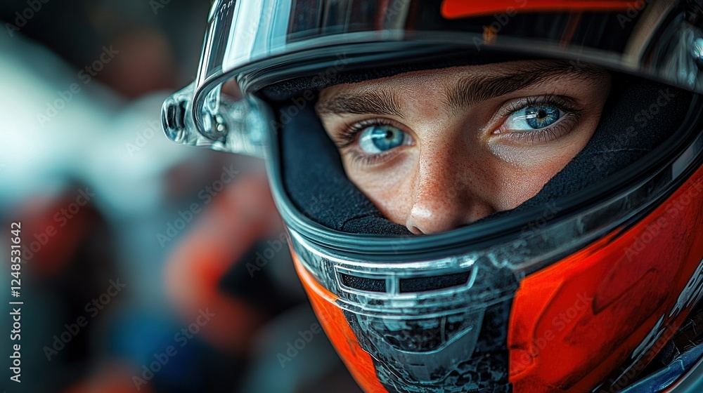 Racer's Gaze: A Close-Up Portrait of a Determined Female Race Car Driver Racer's Gaze: A Close-Up Portrait of a Determined Female Race Car Driver