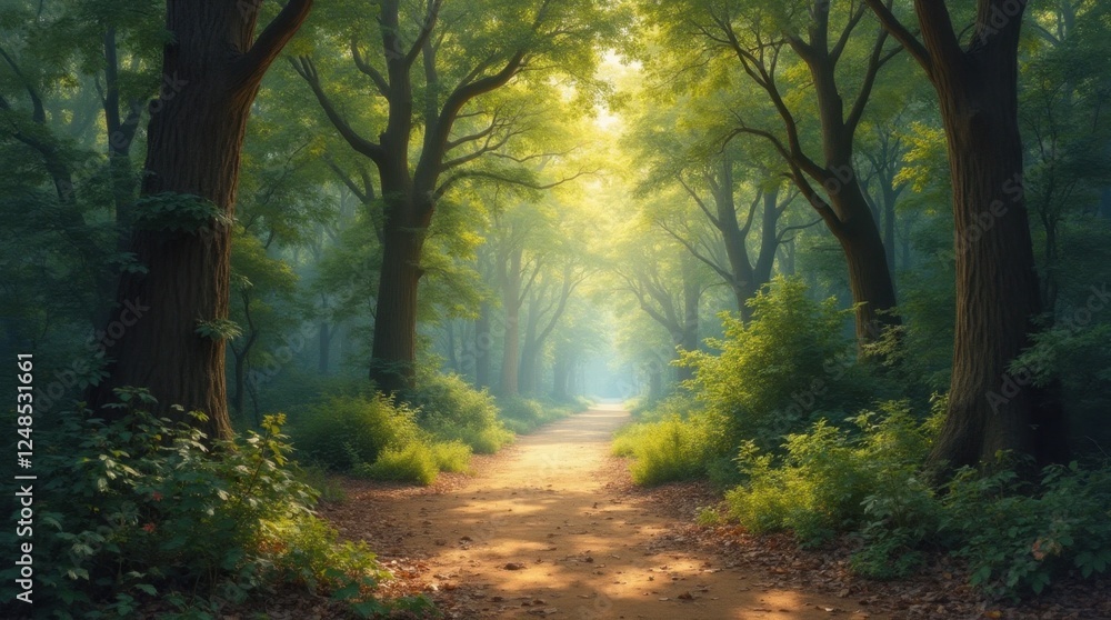 Obraz premium Serene Forest Trail Dappled Sunlight