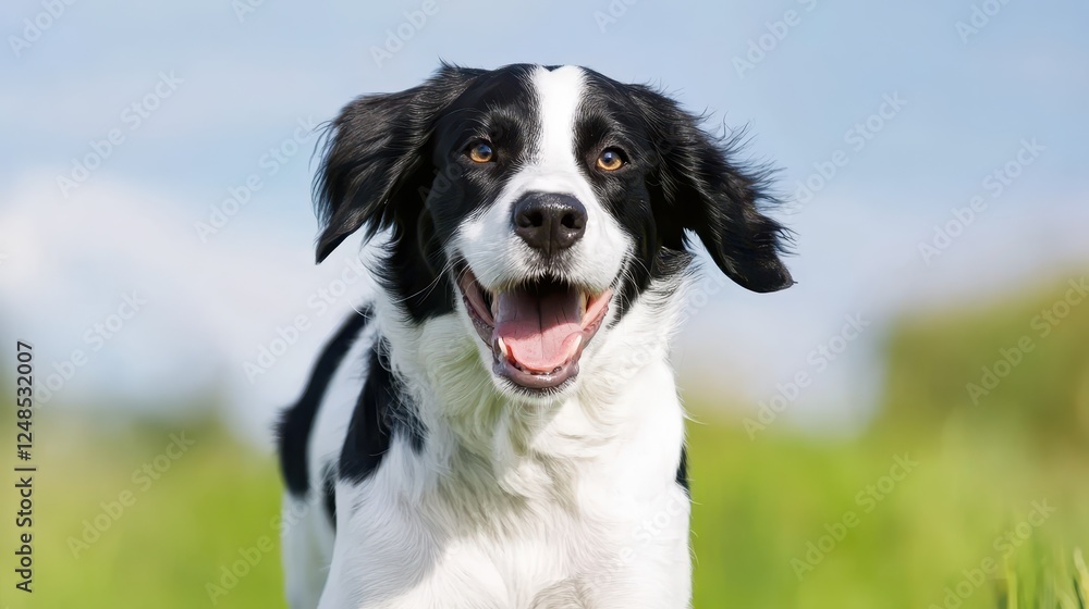 Happy black and white dog running through a sunny green field with a bright sky in the background Happy black and white dog running through a sunny green field with a bright sky in the background