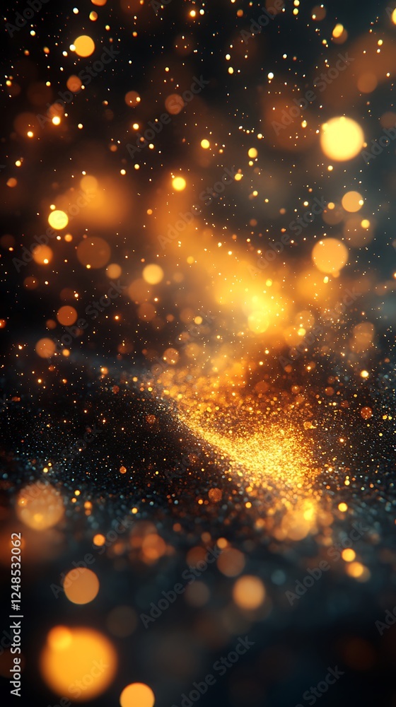 Obraz premium Glamorous golden dust particles scattered across a deep black background, shimmering under soft light for a magical and opulent effect