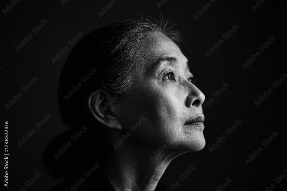 a black and white portrait of a contemplative woman looking upward a black and white portrait of a contemplative woman looking upward