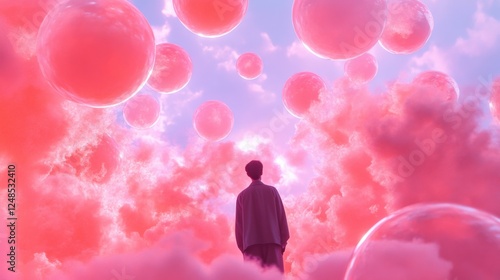 a man standing in a dreamlike world filled with pink clouds and floating orbs