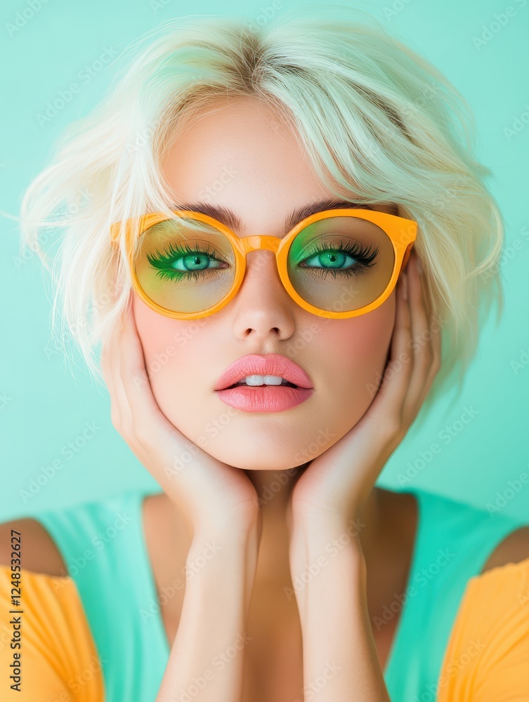 Fototapeta premium Young woman with short blonde hair and bright makeup poses with hands on her face in a vibrant setting showcasing playful eyewear