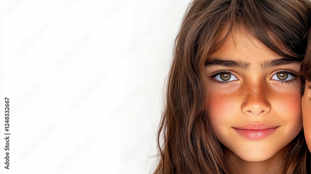 Close-Up Portrait, Curious Girl with Freckles and Brown Hair, Isolated on White Background Close-Up Portrait, Curious Girl with Freckles and Brown Hair, Isolated on White Background