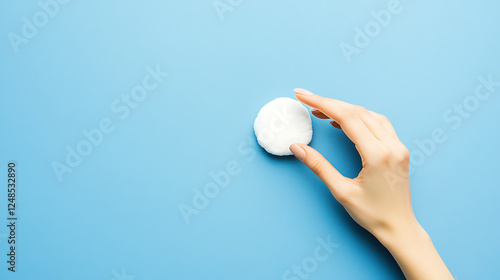 Topview of hand model using makeup remover on cotton pad in blue background for cosmetic advertising photo