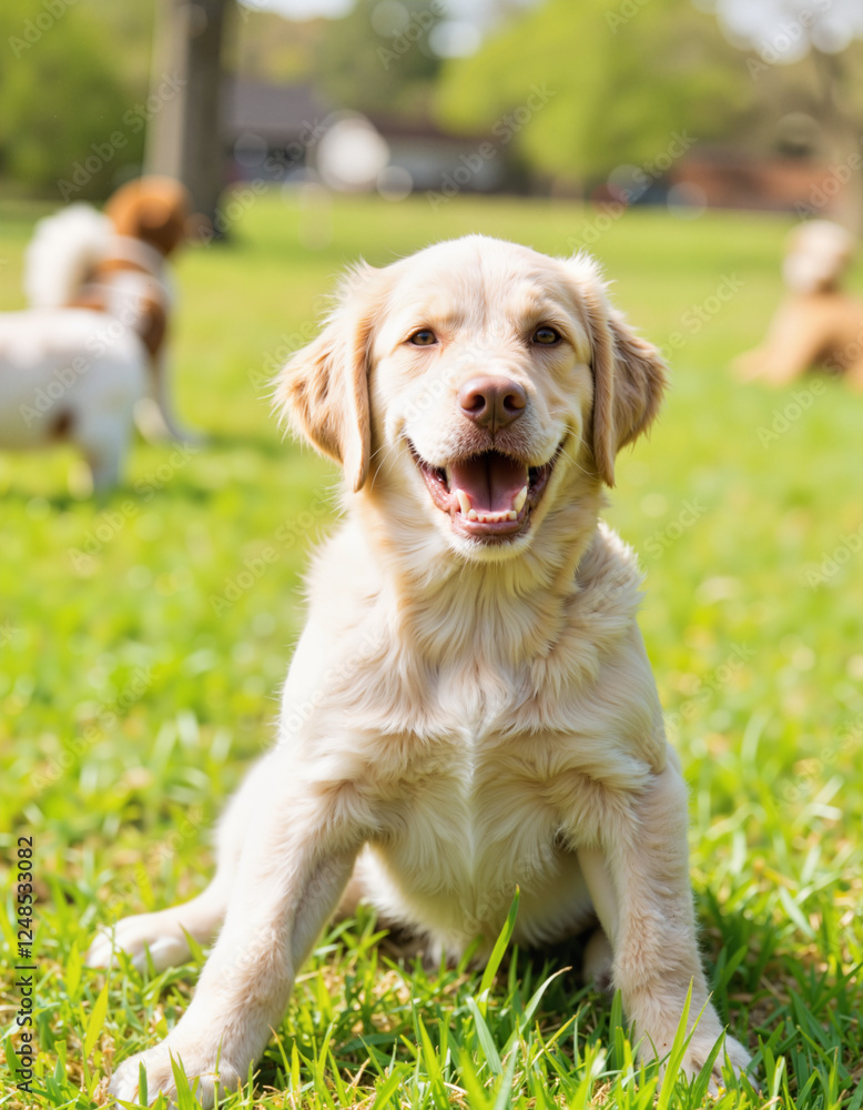 Happy golden retriever puppy sitting in green grass Happy golden retriever puppy sitting in green grass