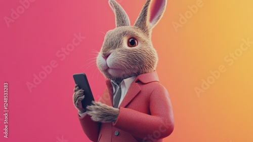 Bunny in suit checks phone, gradient background; Easter, social media photo