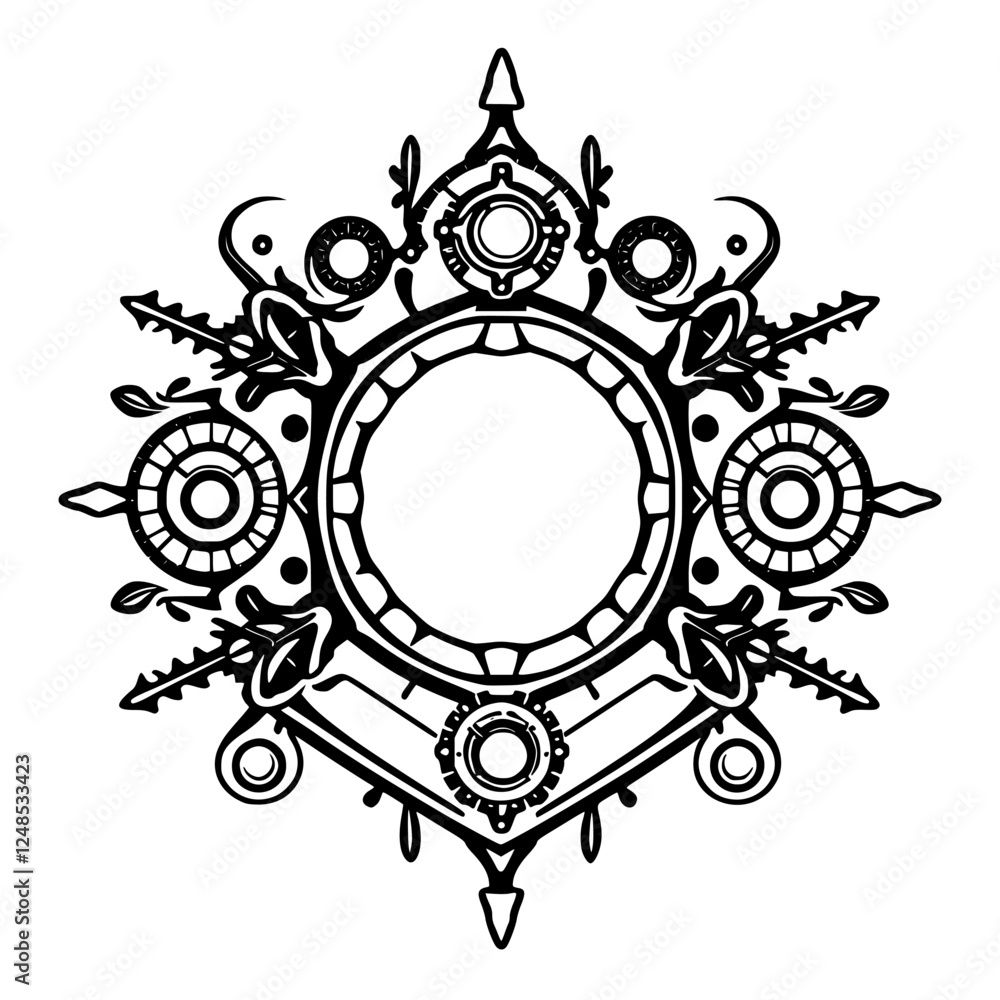 Decorative black and white circular design with complex filigree and gear-like elements on a bright background. Decorative black and white circular design with complex filigree and gear-like elements on a bright background.