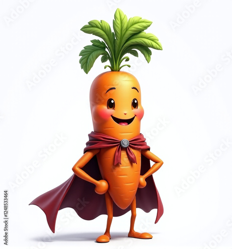 Carrot Superhero with Cape, 2D Kids Illustration on White Background

