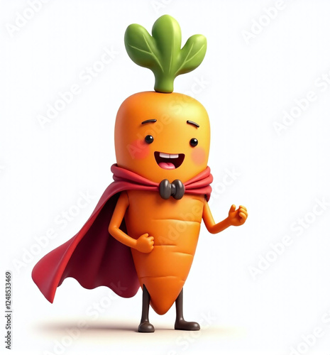 Carrot Superhero with Cape, 2D Kids Illustration on White Background

