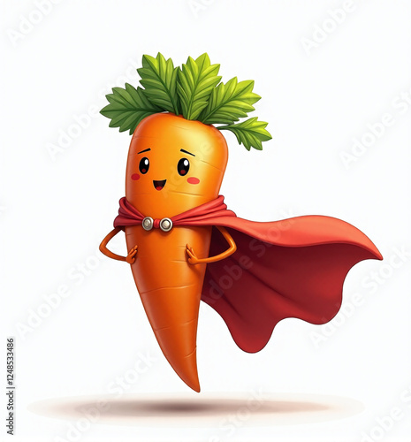 Carrot Superhero with Cape, 2D Kids Illustration on White Background

