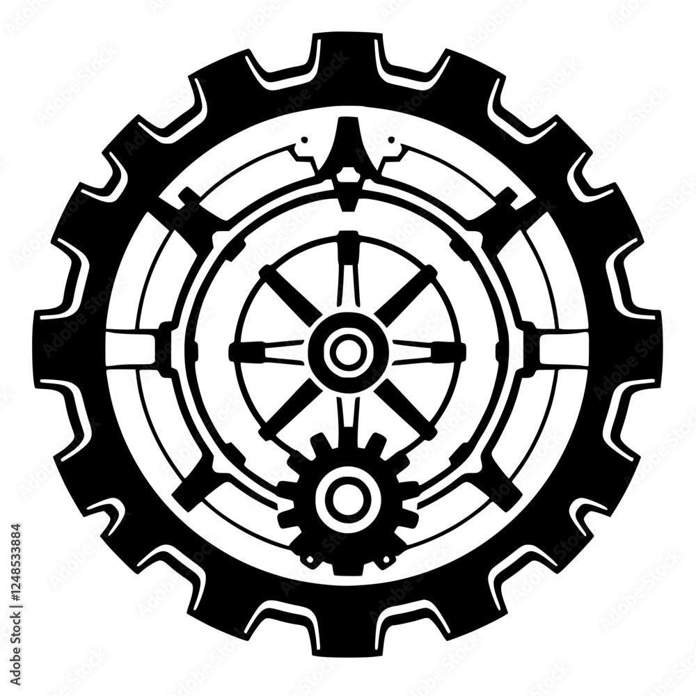 Obraz premium Black and White Gear Wheel with Interlocking Steampunk Style, Mechanical Design, and Inner Circle