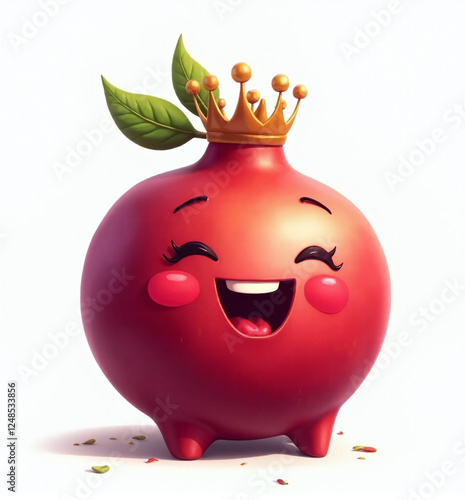 Pomegranate with Crown, 2D Kids Illustration on White Background

