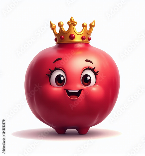 Pomegranate with Crown, 2D Kids Illustration on White Background


