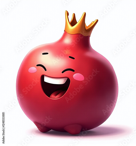 Pomegranate with Crown, 2D Kids Illustration on White Background

