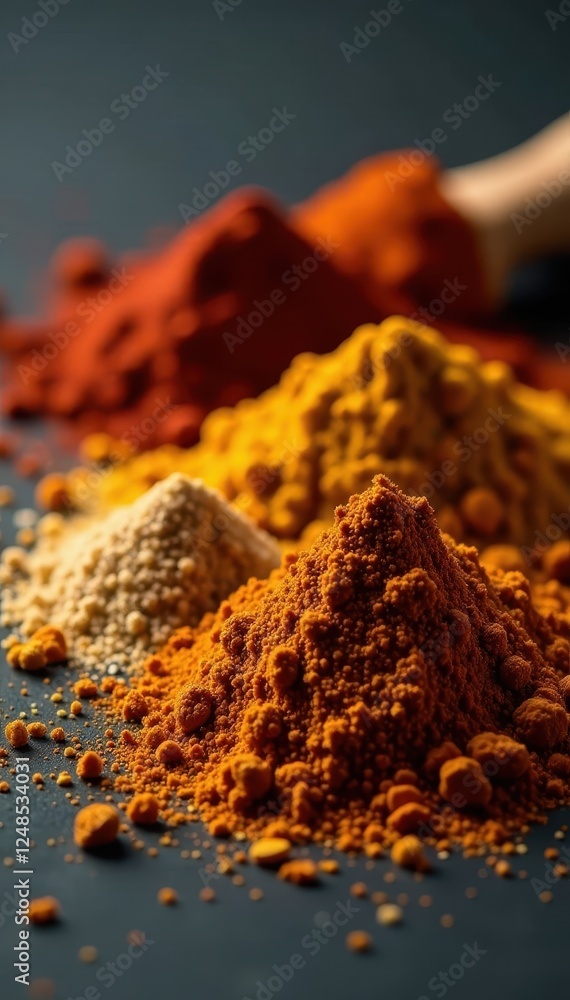 Assorted ground spices, close-up, dark surface, paprika, texture, food texture Assorted ground spices, close-up, dark surface, paprika, texture, food texture